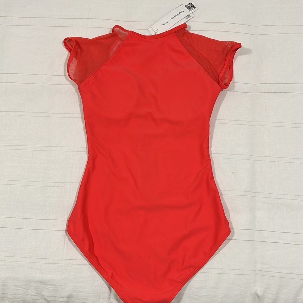 Coral/Pink Swimsuit One Piece Mesh Cap Sleeves Front Zipper Built In Bra - Picture 2 of 12